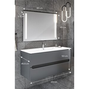 Banyo Kadife Antrasit Soft Mat Hıgh Gloss Demonte 100 Cm Banyo Dolabı Led Işıklı Aynalı Üst Dolap