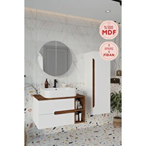 Banyo Koza Demonte 80 Cm Beyaz Banyo Dolabı Aynalı Dolaplı Üst Dolap Raf Ve Lavabo Ve Boy Dolap