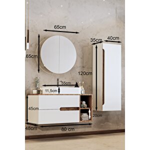 Balneom Banyo Koza 80 Cm Beyaz Banyo Dolabı Aynalı Dolaplı Üst Dolap Raf Ve Lavabo Ve Boy Dolap