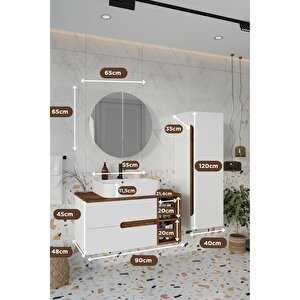 Banyo Koza Demonte 90 Cm Beyaz Banyo Dolabı Aynalı Dolaplı Üst Dolap Raf Ve Lavabo Boy Dolap