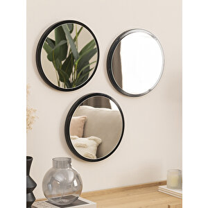 Dfn Wood Siyah  Mdf 3 Lü Yuvarlak Duvar Salon Banyo Aynası 35x35 Cm