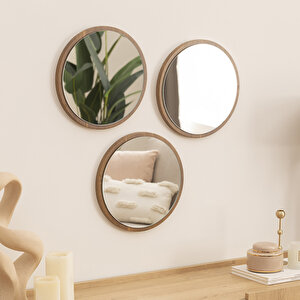 Dfn Wood Kahverengi  Mdf 3 Lü Yuvarlak Duvar Salon Banyo Aynası 35x35 Cm