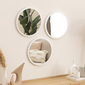 Dfn Wood Beyaz  Mdf 3 Lü Yuvarlak Duvar Salon Banyo Aynası 35x35 Cm