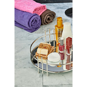 Lüks Yuvarlak Aynalı Gümüş Paslanmaz Dolu Çelik Banyo Düzenleyicisi Tepsi