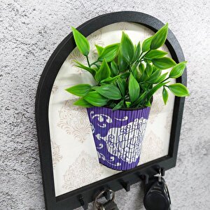 Cajuart Ahşap Motifli Mor Saksı İçinde Yeşil Yapay Bitki Askılık Duvar Dekoru