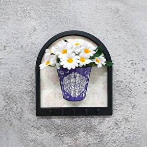 Cajuart Ahşap Motifli Mor Saksı İçinde Beyaz Yapay Papatyalar Askılık Duvar Dekoru