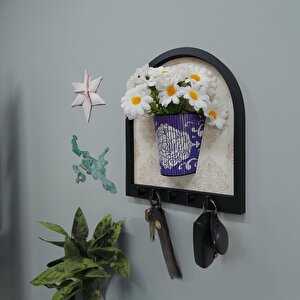 Cajuart Ahşap Motifli Mor Saksı İçinde Beyaz Yapay Papatyalar Askılık Duvar Dekoru