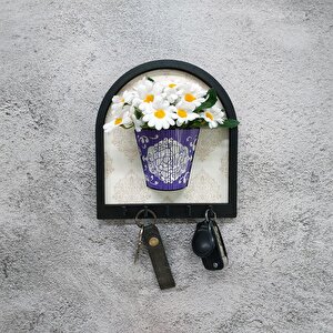 Cajuart Ahşap Motifli Mor Saksı İçinde Beyaz Yapay Papatyalar Askılık Duvar Dekoru