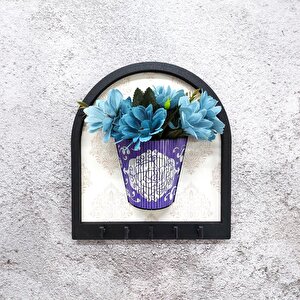 Cajuart Ahşap Motifli Mor Saksı İçinde Mavi Yapay Çiçek Askılık Duvar Dekoru