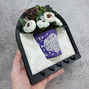 Cajuart Ahşap Motifli Mor Saksı İçinde Beyaz Yapay Çiçek Askılık Duvar Dekoru