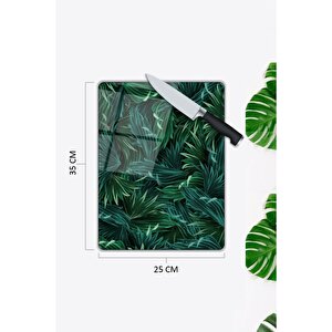 Yeşil Yapraklar | Cam Kesme Tahtası | 25 Cm X 35 Cm