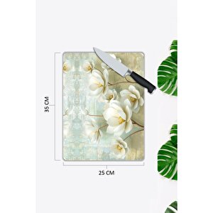 Beyaz Çiçekler | Cam Kesme Tahtası | 25 Cm X 35 Cm