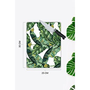 Yeşil Yapraklar | Cam Kesme Tahtası | 25 Cm X 35 Cm