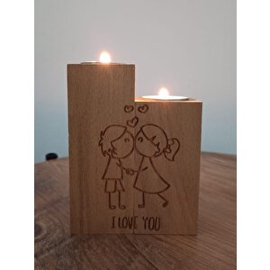 Aşk Motifli Dekoratif Ahşap İkili Mumluk Ve Hediye İki Adet Mum