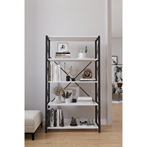 5 Raflı Geniş Kitaplık Dekoratif Metal Ayaklı Ofis Rafı Salon Mutfak Rafı 160x80 Çok Amaçlı Raf - Beyaz