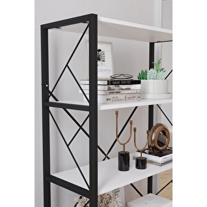 5 Raflı Geniş Kitaplık Dekoratif Metal Ayaklı Ofis Rafı Salon Mutfak Rafı 160x90 Çok Amaçlı Raf - Beyaz