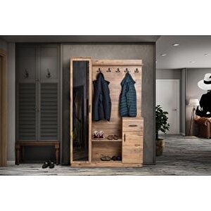 Flora Tek Kapılı Ceviz Aynalı Elbise Askılığı Kapaklı Ayakkabılık, Vestiyer, Portmanto