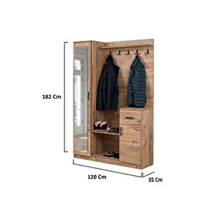 Flora Tek Kapılı Ceviz Aynalı Elbise Askılığı Kapaklı Ayakkabılık, Vestiyer, Portmanto