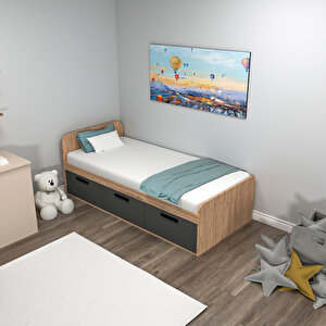 Akser Atlantik Çam Antrasit Karyola – 90x190 Tek Kişilik Yatak Uyumlu, Dolaplı Genç Karyolası