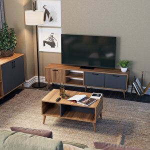 Set 1581-2070-1620 Exxen (ahşap Ayakli) Tv Üni̇tesi̇ - Orta Sehpa - Konsol Seti̇ Ürgüp - Antrasi̇t