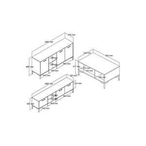 Aurora (metal Ayaklı) Tv Ünitesi - Orta Sehpa - Konsol Seti Hat - Antrasit Set 1590-2080-1630