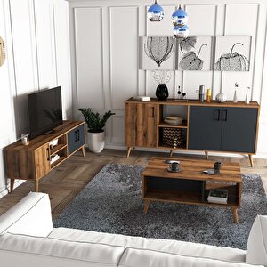 Set 1580-2070-1620 Exxen (Ahşap Ayaklı) Tv Ünitesi - Orta Sehpa - Konsol Seti Hat - Antrasit