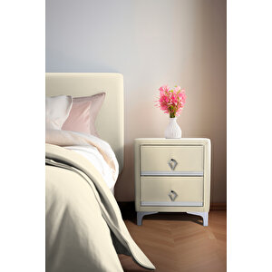 Doppia Linea Silver İki Çekmeceli Beyaz Komodin- Kumaş Döşemeli Yatak Odası 2 'li Komodin Modelleri