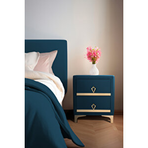 Doppia Linea Gold İki Çekmeceli Mavi Komodin- Kumaş Döşemeli Yatak Odası 2 'li Komodin Modelleri