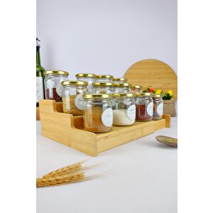 3 Katlı Bambu Standlı 12’li Baharatlık Seti Etiketli Kavanoz Seti 210 Ml – C-11 C1-1-289