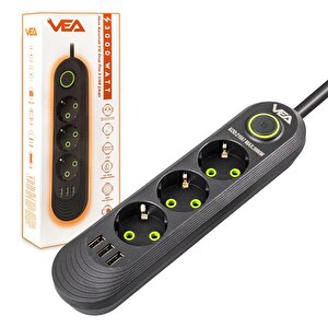 Vea Va-21557 3xusb'li 3'lü 1.5 Metre Akım Korumalı Priz Siyah