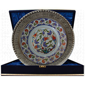 Prt 47 25 Cm Mavi Altın Yaldızlı Lale Karanfil Desenli Gümüş Çerçeveli Porselen Çini Tabak
