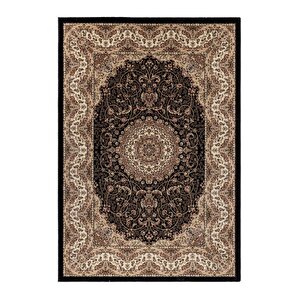 İran Halısı Bordürlü Madalyon Motifli Sık Dokuma Siyah Bej Oturma Odası Halısı Salon Halısı 80x150 cm