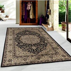 İran Halısı Bordürlü Madalyon Motifli Sık Dokuma Siyah Oturma Odası Halısı Salon Halısı 80x150 cm