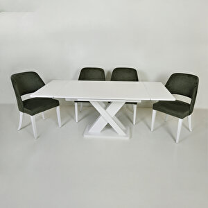 Ihlara Beyaz Açılır Dikdörtgen Mutfak Masası / Didim Beyaz  -  Yeşil Mutfak Sandalye Takımı