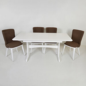 Misis Beyaz Açılır Dikdörtgen Mutfak Masası/İhlara Beyaz-Kahve Mutfak Sandalye Takımı