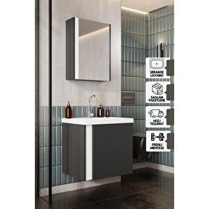 Kemer 60 Cm, Lavabolu, Aynalı, Banyo Dolabı, Mat Antrasit, Lavabo Dahil