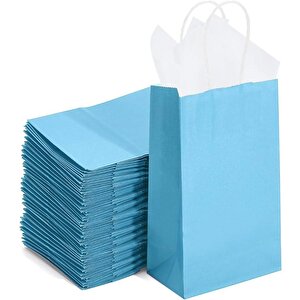 Büküm Saplı Kraft Kağıt Çanta Karton Hediyelik Poşet Torba - Mavi - 18x24 Cm. -25 Adetlik 4 Paket