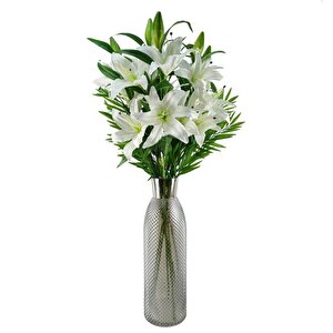 Yapay Çiçek Beyaz Lilyum 3 Kafalı Uzun Dal Çiçek Zambak Lily Flowers 80cm