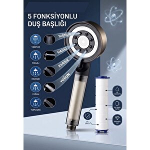 5 Fonksiyonlu Çelik Su Tasarruflu Filtreli Turbo Jet Duş Başlığı Siyah