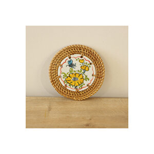 Japandi, Iskandinav Sarı Çiçek Mavi Kelebek Desenli Rattan Dekoratif Fincan&bardak Altlığı 14cm Sarı