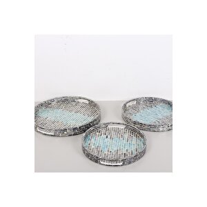 Dekoratif Gri Antrasit Sedefli Mozaik Yuvarlak Sunum Tepsi 35x4 Cm