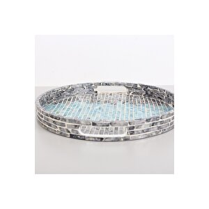 Bohem Dekoratif Gri Antrasit Sedefli Mozaik Yuvarlak Sunum Tepsi 40x4.5 Cm 40 cm