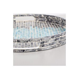 Bohem Dekoratif Gri Antrasit Sedefli Mozaik Yuvarlak Sunum Tepsi 40x4.5 Cm