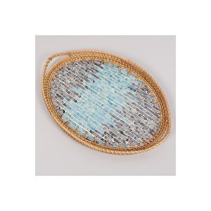 Bohem Rattan Bambu Dekoratif Mavi Antrasit Mozaik Sedefli Oval Sunum Tepsi 42x29x5 Cm