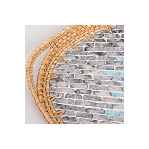 Bohem Rattan Bambu Dekoratif Mavi Antrasit Mozaik Sedefli Oval Sunum Tepsi 42x29x5 Cm Mavi