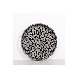 Bohem Dekoratif Siyah Gri Çiçek Desenli Sedefli Mozaik Yuvarlak Sunum Tepsi 30x3.5 Cm 30 cm