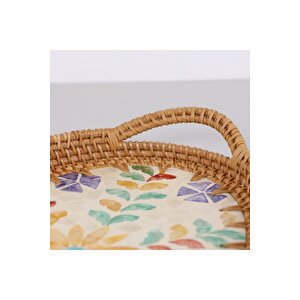 Bohem Rattan Bambu Dekoratif Çiçek Desenli Mozaik Sedefli Oval Sunum Tepsi 36x23x5 Cm Mor