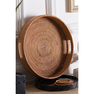 Bohem Rattan Kulplu Hasır Tepsi, Çay Kahve Sunum Tepsisi, Çok Amaçlı Modern Dekoratif Tepsi 30cm