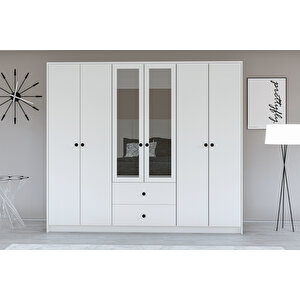 Gm 036 Lüx Düğme Kulplu 6 Kapı 2 Çekmeceli Aynalı Gardırop