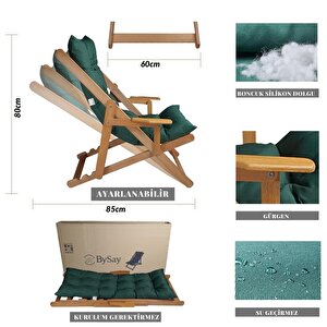 Bysay Ahşap Katlanabilir Taşinir Puf Minderli Kollu Şezlong Plaj Bahçe Teras Balkon Sandalyesi Koltuğu Takimi 4 Lü Set (yeşi̇l)